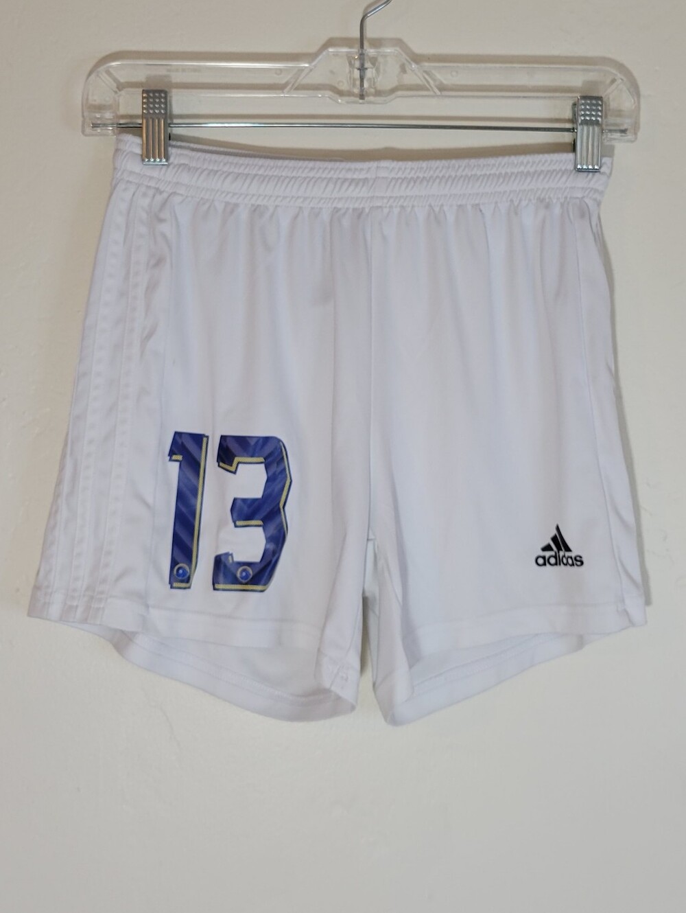 Adidas Women's Size S White Athletic Soccer Shorts with Blue Number